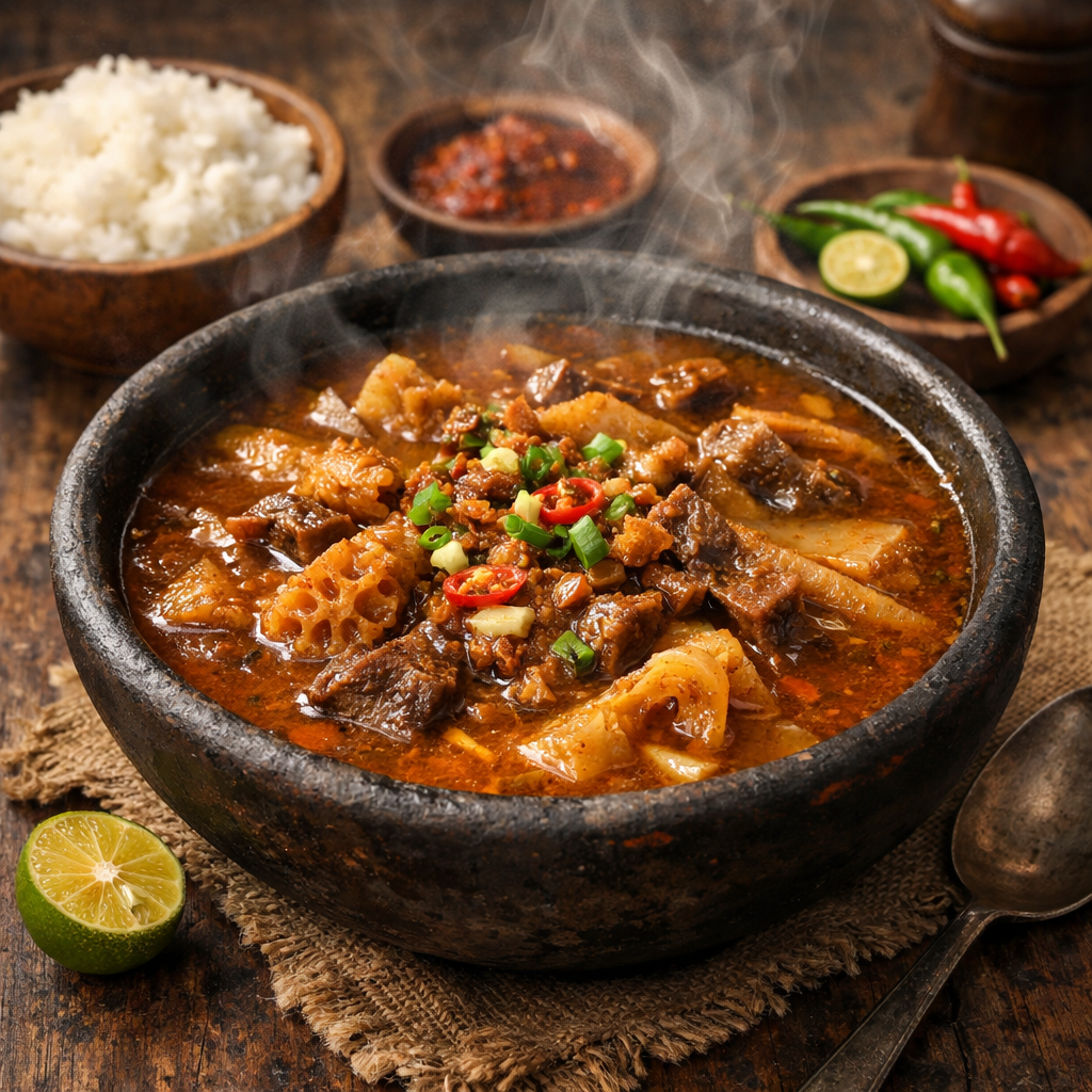 Steaming bowl of spicy beef stew with chunks of meat, lotus root, and red chili