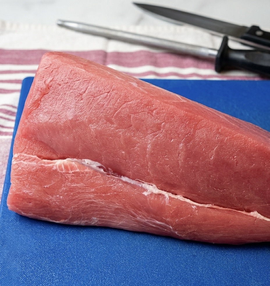 Fresh tuna loin on a cutting board